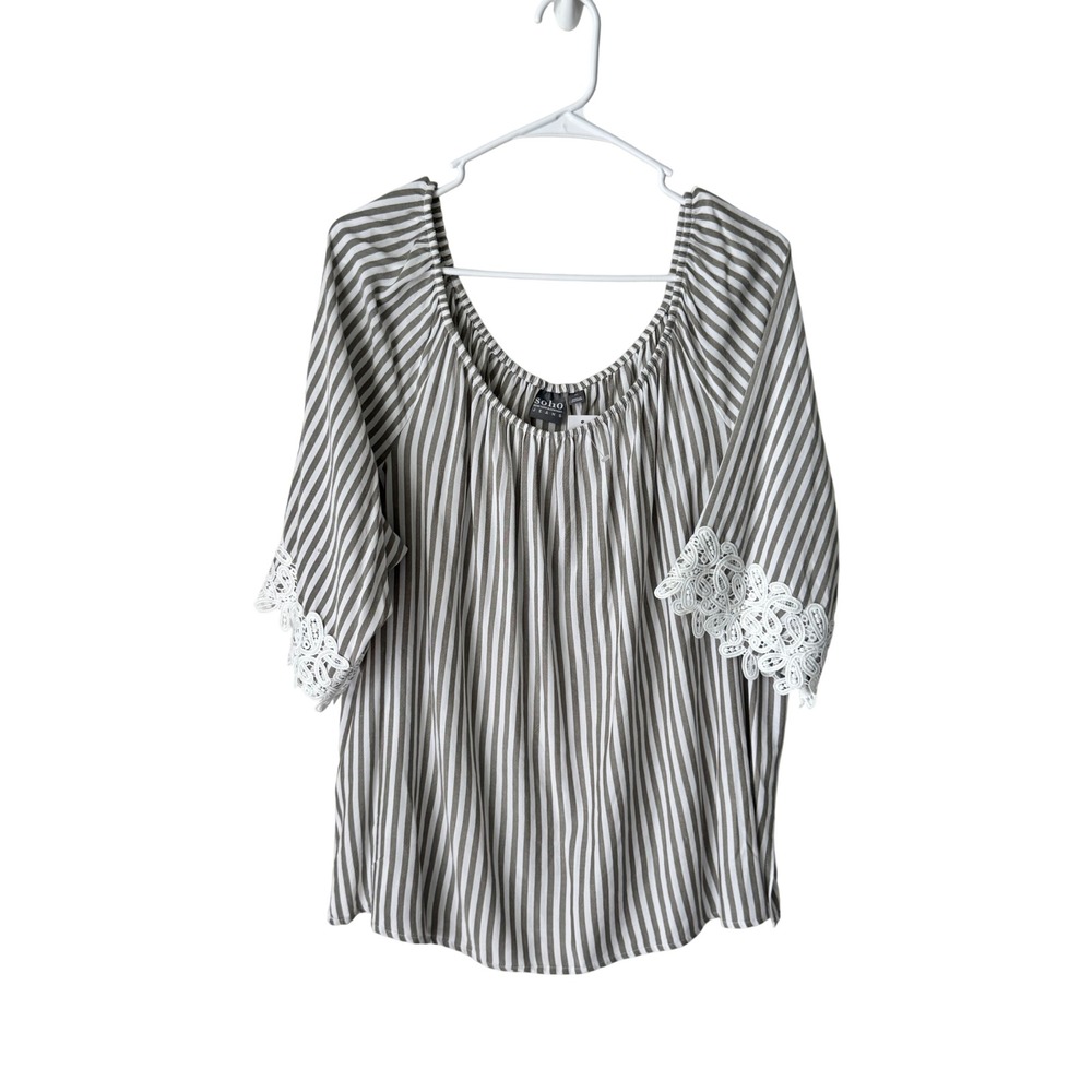 Soho Jeans NY&C Striped Lace Trim Peasant Blouse Taupe White XL NWT 7338